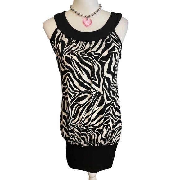 VTG French Atmosphere Zebra Print Mini Dress Sleeveless Y2K McBling 2000's Sz M - Picture 1 of 4